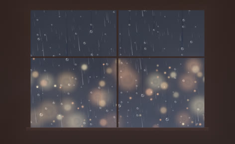 Rainy café window with warm lights
