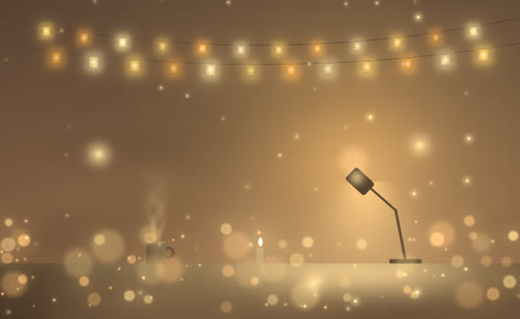 Cozy room with fairy lights and a desk lamp
