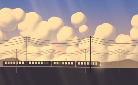 Evening train under golden clouds