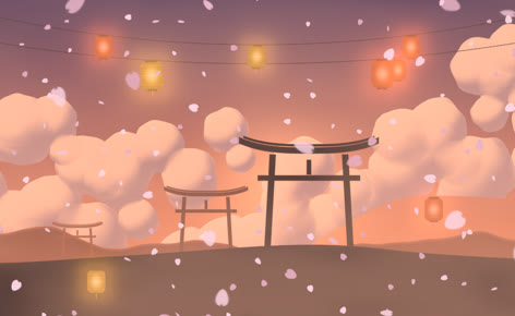 Gate on a hill at dusk with lanterns