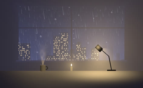 Lo-fi study desk by a rainy window